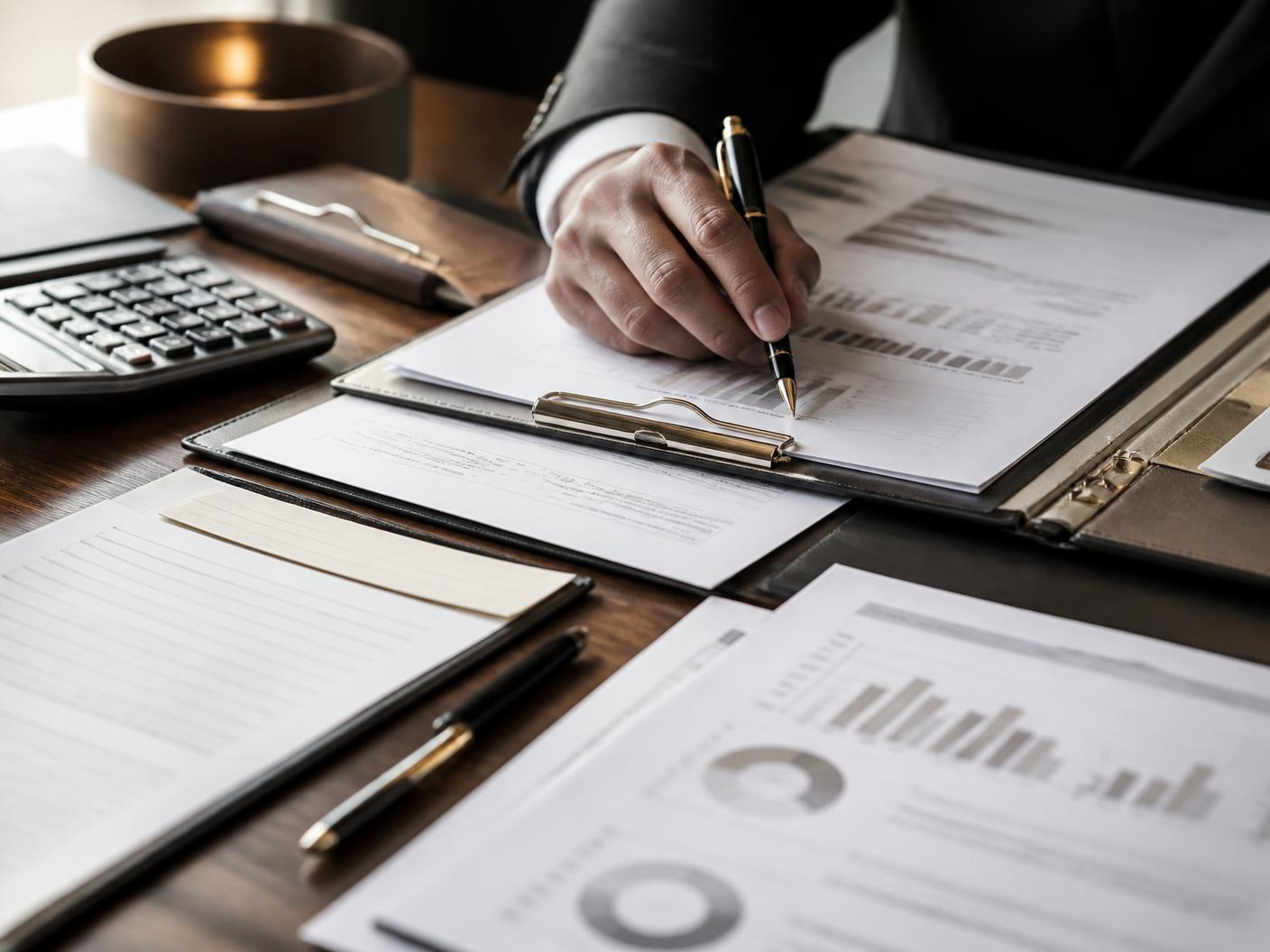 Analyse de documents financiers, image éditoriale contextuelle